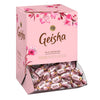 A pink Fazer Geisha Praline Big Box by Fazer, featuring floral designs, opens to reveal individually wrapped milk chocolates with soft hazelnut nougat filling. The pink wrappers add an elegant touch.