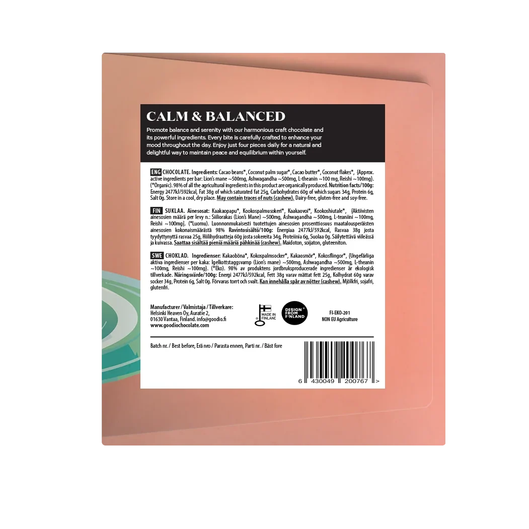 The back of a bath bomb package in a dusty rose color, featuring a black and white label with product name 'CALM & BALANCED', ingredients, directions, and a barcode.