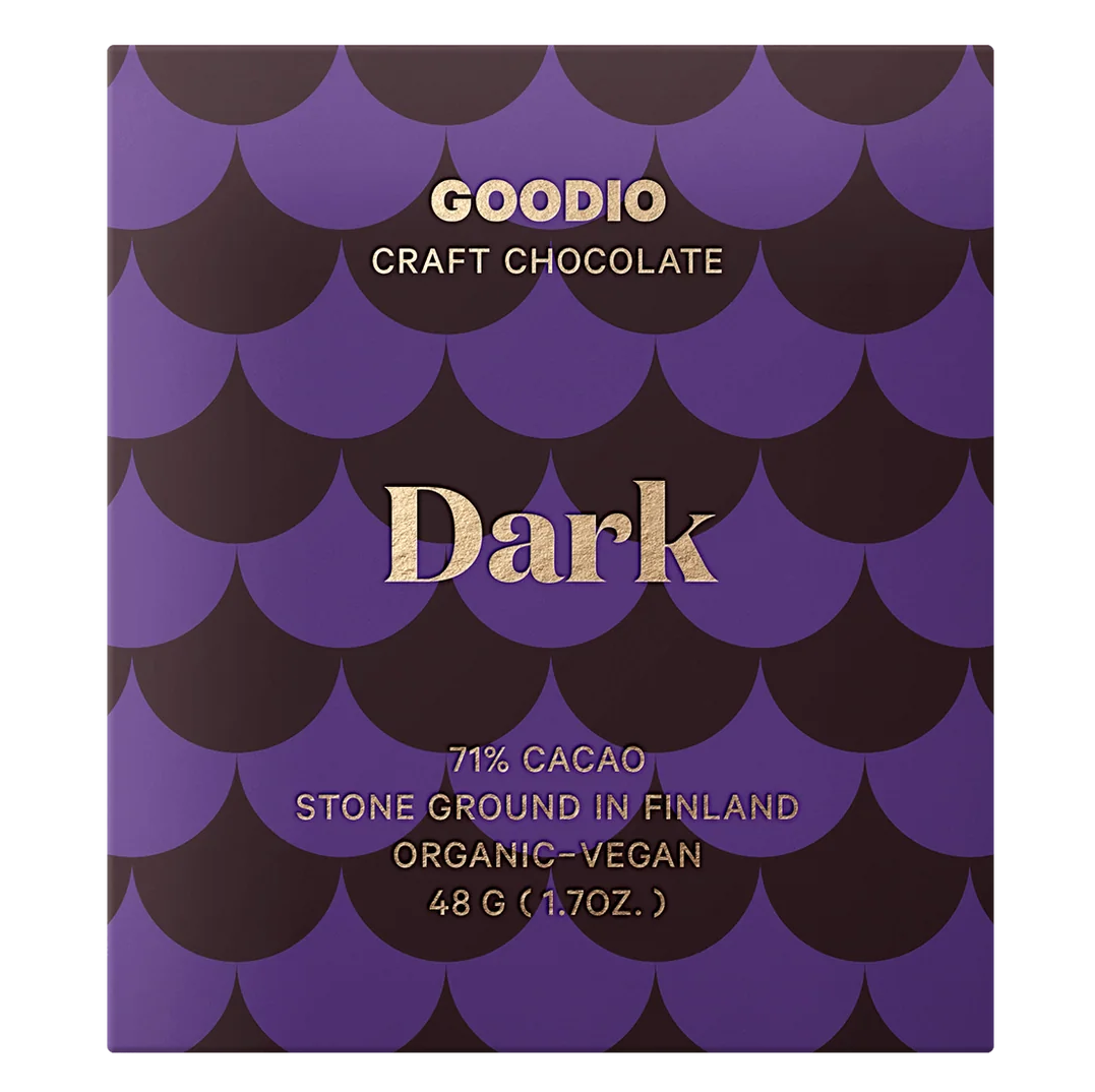 Goodio craft chocolate packaging with purple and black design on a white background