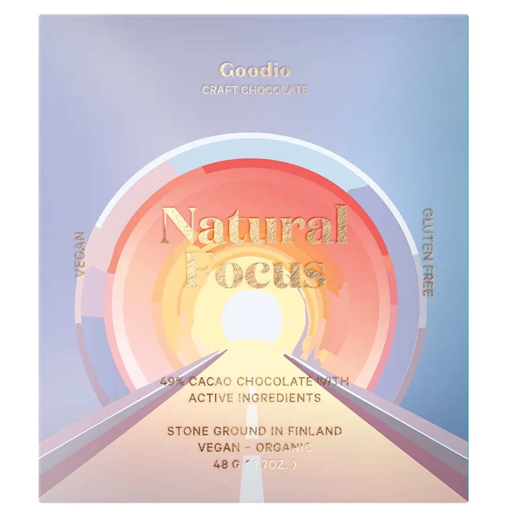 Goodio Natural Focus Vegan Craft Chocolate box, featuring a pastel gradient cover with a central circular graphic in orange, pink, and yellow, and gold text.