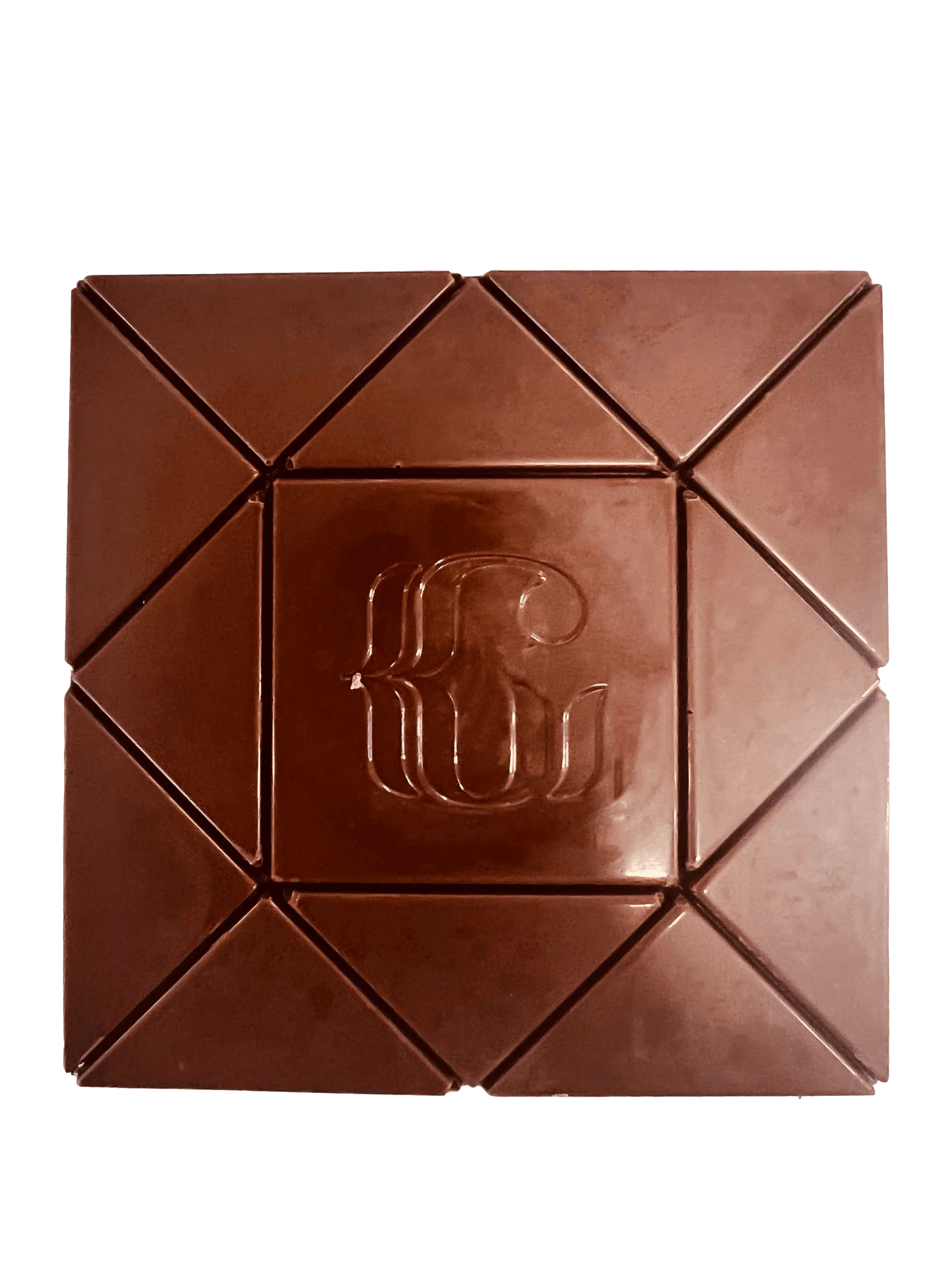 A square chocolate bar with a geometric segmented design and an embossed monogram logo in the center, isolated on a white background.