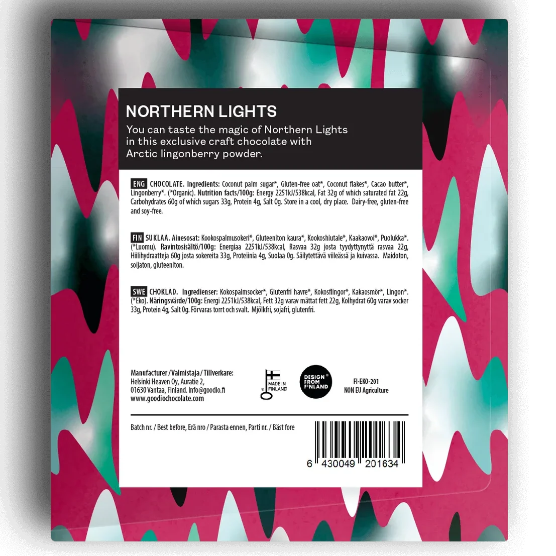 Back of a Northern Lights chocolate bar package showing ingredients, nutrition facts, and manufacturer details on a white background with a colorful pink, red, and green wavy pattern around the edges.