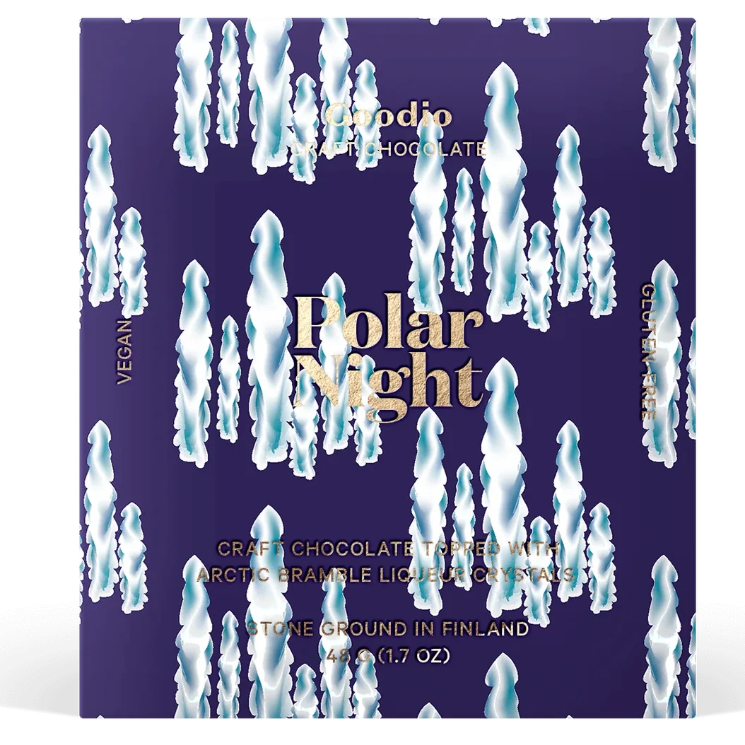 A square chocolate bar package labeled 'Polar Night' by CrédiCo, featuring a deep purple background with an allover pattern of icy blue and white hanging icicles and gold text.