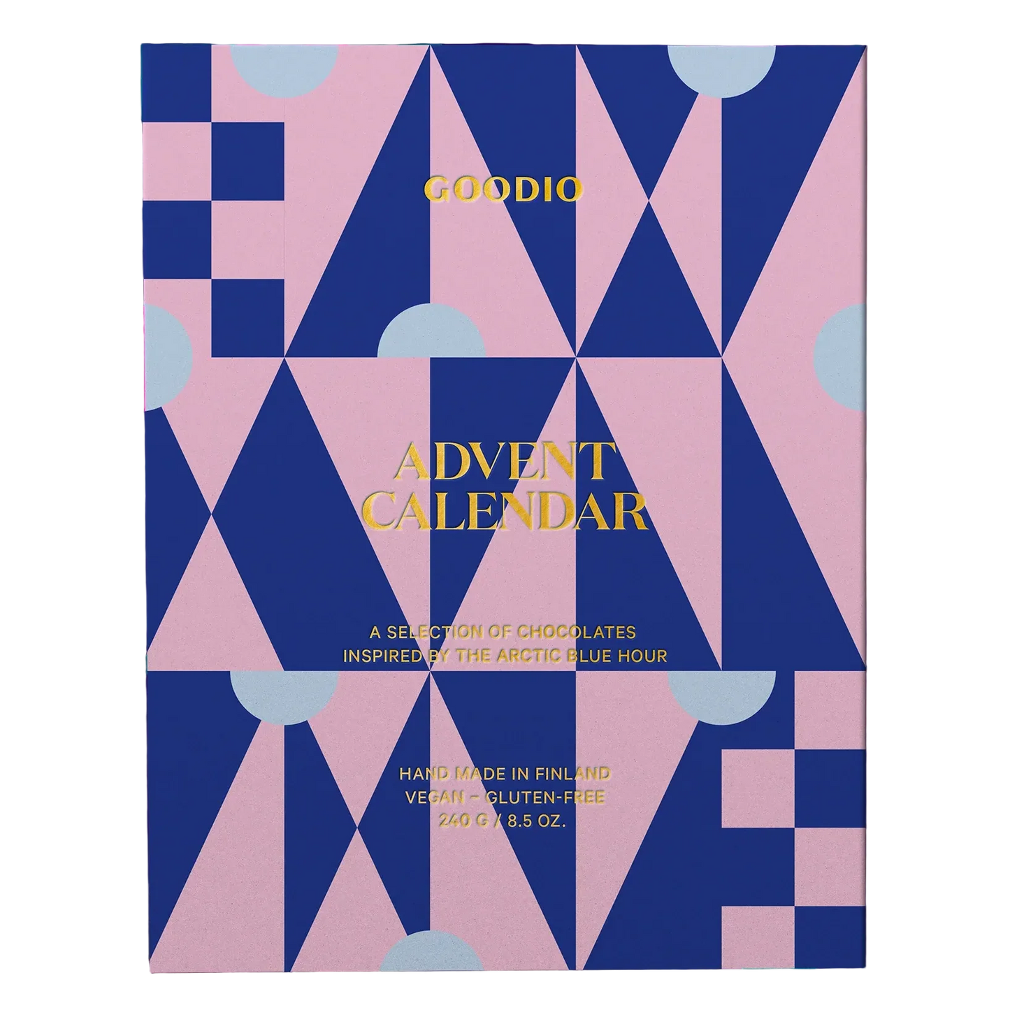 Goodic Advent Calendar box featuring a geometric pattern of pink and navy blue triangles with gold foil lettering.