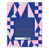 The back cover of an Advent Calendar book, featuring a geometric pattern of pink and navy blue triangles, squares, and circles with a central dark blue text block containing product details.