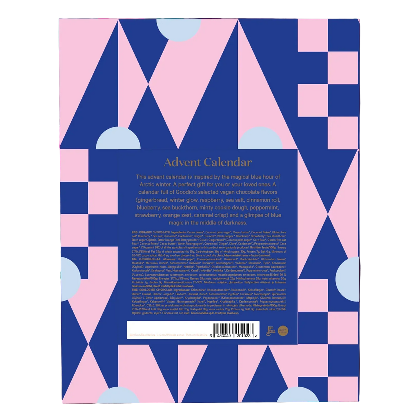 The back cover of an Advent Calendar book, featuring a geometric pattern of pink and navy blue triangles, squares, and circles with a central dark blue text block containing product details.