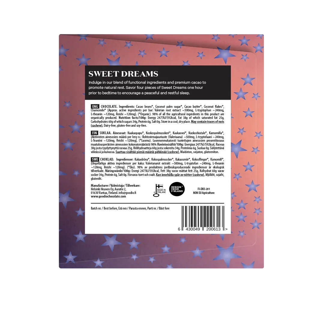Back packaging of Sweet Dreams matcha green tea powder, featuring a black information panel with ingredients and barcodes over a pink background decorated with blue stars.