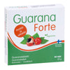 A Hankintatukku Guarana Forte box (40 tablets, 25g) features guarana fruit images, Finnish text, and a vegan symbol. It’s a vegan food supplement with guarana seed extract. A red circle says, “Piristää ja virkistää.”.