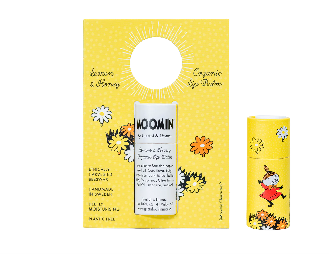 A cheerful yellow, flower-themed packaging for Gustaf & Linnea Moomin Lipbalm Little My, with a white tube featuring the Moomin character. This eco-friendly balm uses ethical beeswax and is handmade for deep moisture.