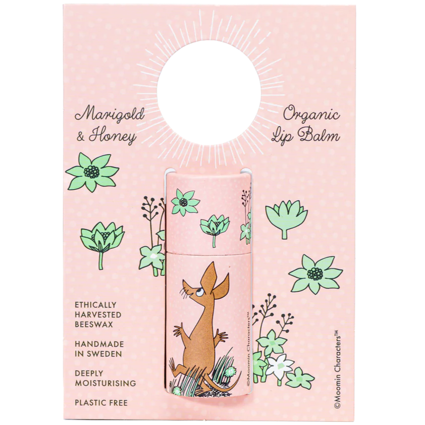 Gustaf & Linnea Moomin Lipbalm Sniff is a pink, plastic-free, eco-friendly lip balm with marigold & honey flavor, featuring a cartoon mouse and green flowers. It’s handmade in Sweden with natural ingredients and ethically harvested beeswax.