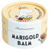 Gustaf & Linnea’s Moominmammas Marigold Balm comes in a round, light yellow container with floral designs and bold black text, featuring Moominmamma holding flowers. Eco-friendly packaging by Gustaf & Linnea.