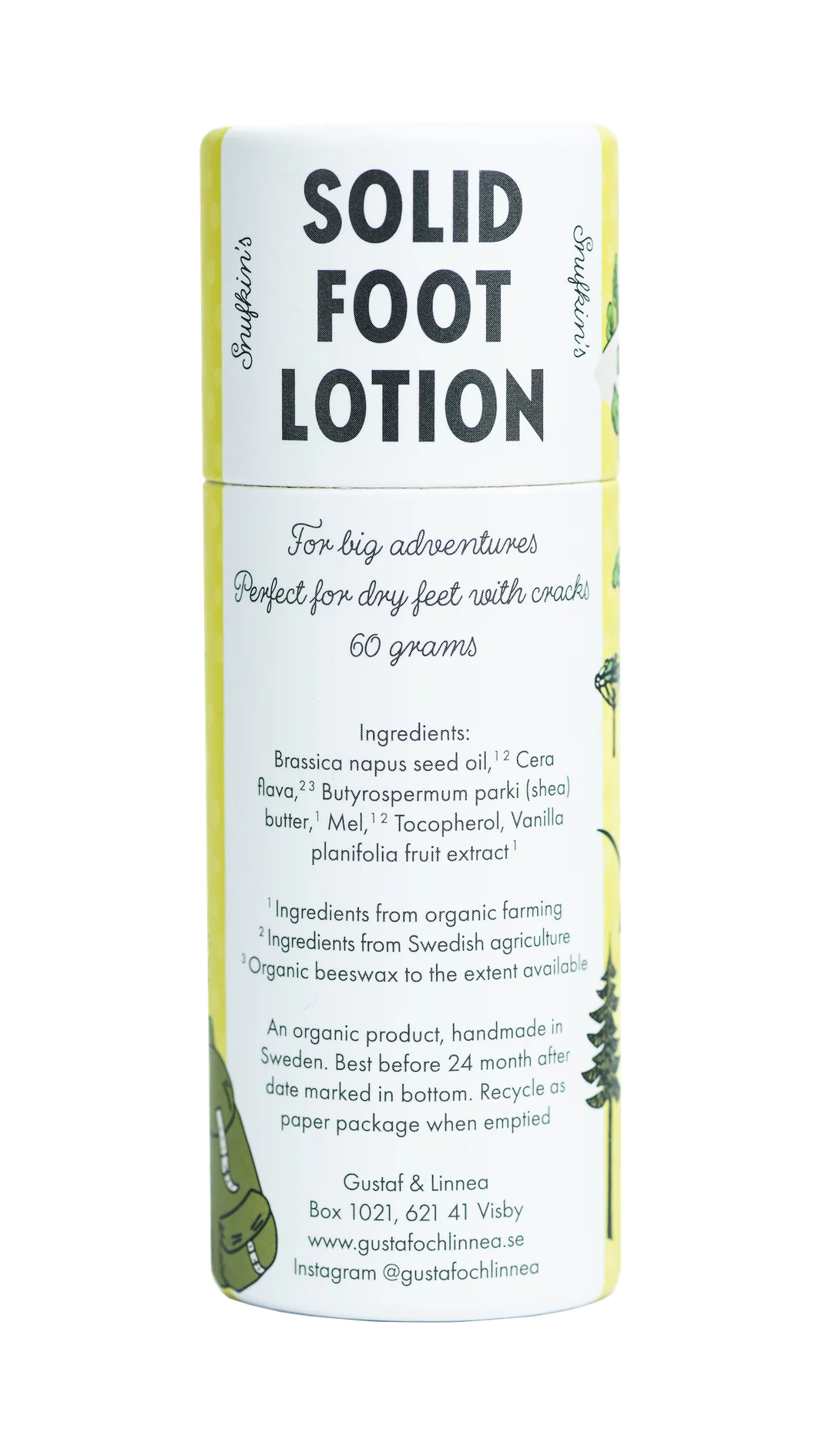 A cylindrical tube of Gustaf & Linnea Snufkins Solid Foot Lotion for dry heels, with product details, ingredients, and company contact info on the minimalist, eco-friendly label featuring botanical illustrations.