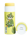A yellow 60g tube of Gustaf & Linnea Snufkins Solid Foot Lotion features a character with a green hat and daisy crown, fishing and sipping tea by a backpack. The eco-friendly package has the cap next to the tube.