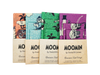 Four-pack of Gustaf & Linnea Moomin Beeswax Food Wraps—colorful, reusable wraps with Moomin designs in eco-friendly brown paper packaging, perfect for fans seeking a sustainable food storage solution.