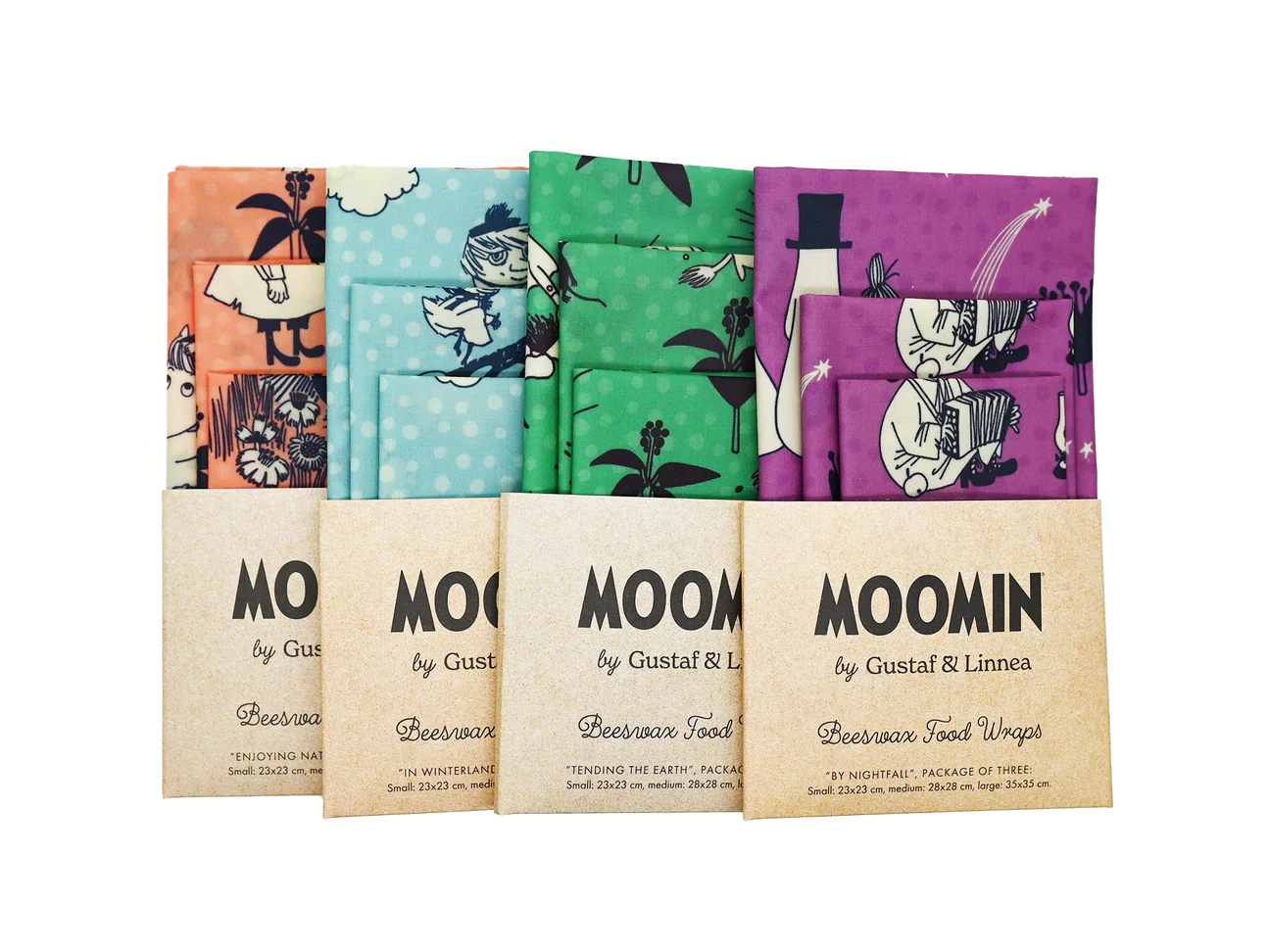 Four-pack of Gustaf & Linnea Moomin Beeswax Food Wraps—colorful, reusable wraps with Moomin designs in eco-friendly brown paper packaging, perfect for fans seeking a sustainable food storage solution.