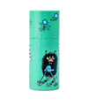 The Gustaf & Linnea Moomin Lipbalm Stinky comes in a green cylinder with white dots, blue flowers, and a cartoon black fuzzy Stinky in blue mittens and skis—an adorable way to carry your eco-friendly lip balm.