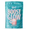 A 300g stand-up pouch of Heey! Boost & Glow creatine powder in Wild Strawberry flavor. The packaging is a vibrant teal blue with bold pink text and a graphic of a pink drink, set against a clean white background.