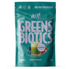 A 300g stand-up pouch of Heey! Greens & Biotics Mixed Berries smoothie powder. The packaging is a vibrant teal color with large white text, featuring an illustration of a green smoothie, berries, and a pomegranate on the front.