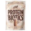 A 500g stand-up pouch of Heey! Protein & Biotics Chocolate flavor protein powder. The packaging features a beige and light brown abstract wavy pattern, bold dark brown text, and an illustration of a glass of chocolate protein shake.