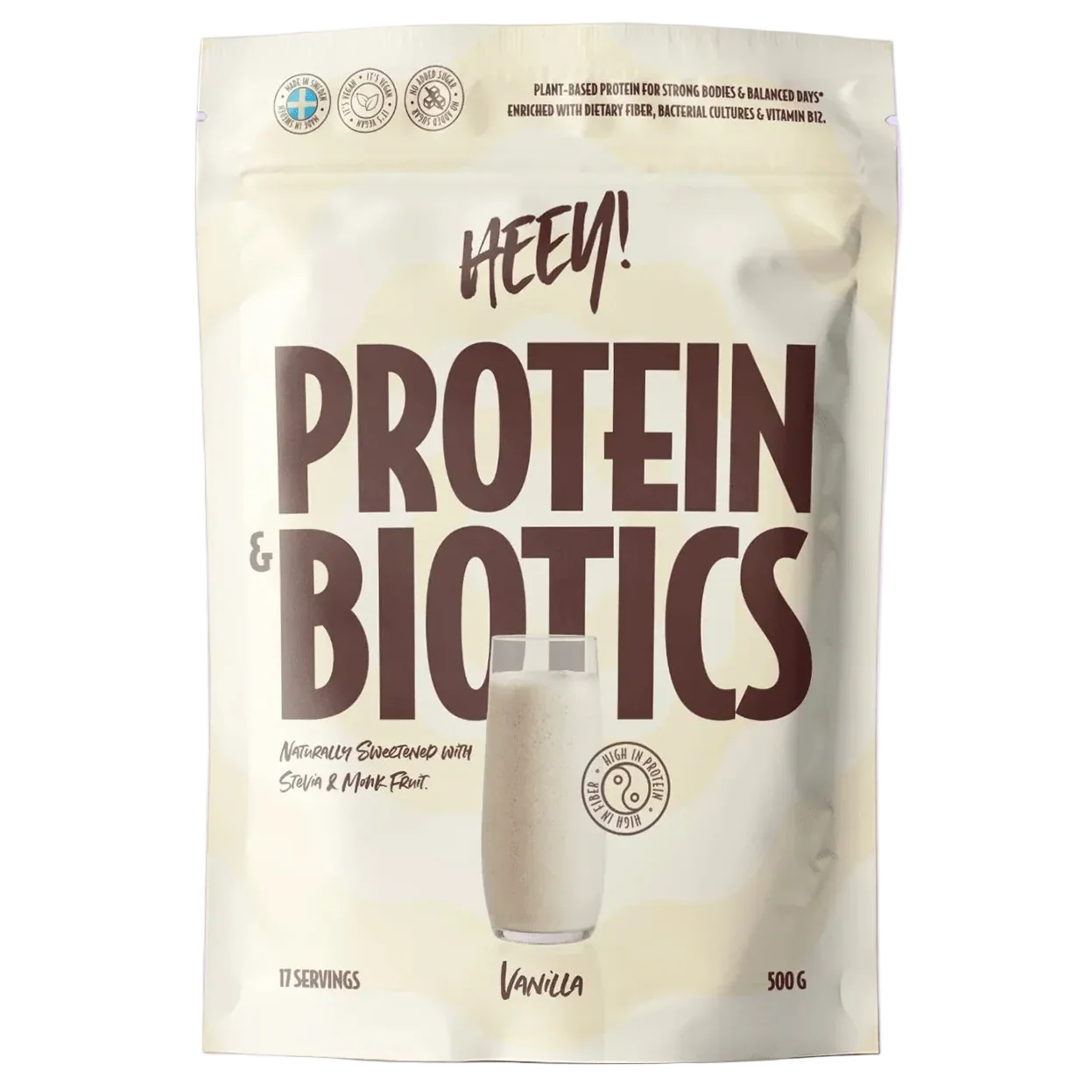 A 500g stand-up pouch of Heey! Protein & Biotics Vanilla flavor protein powder, shown against a plain white background.