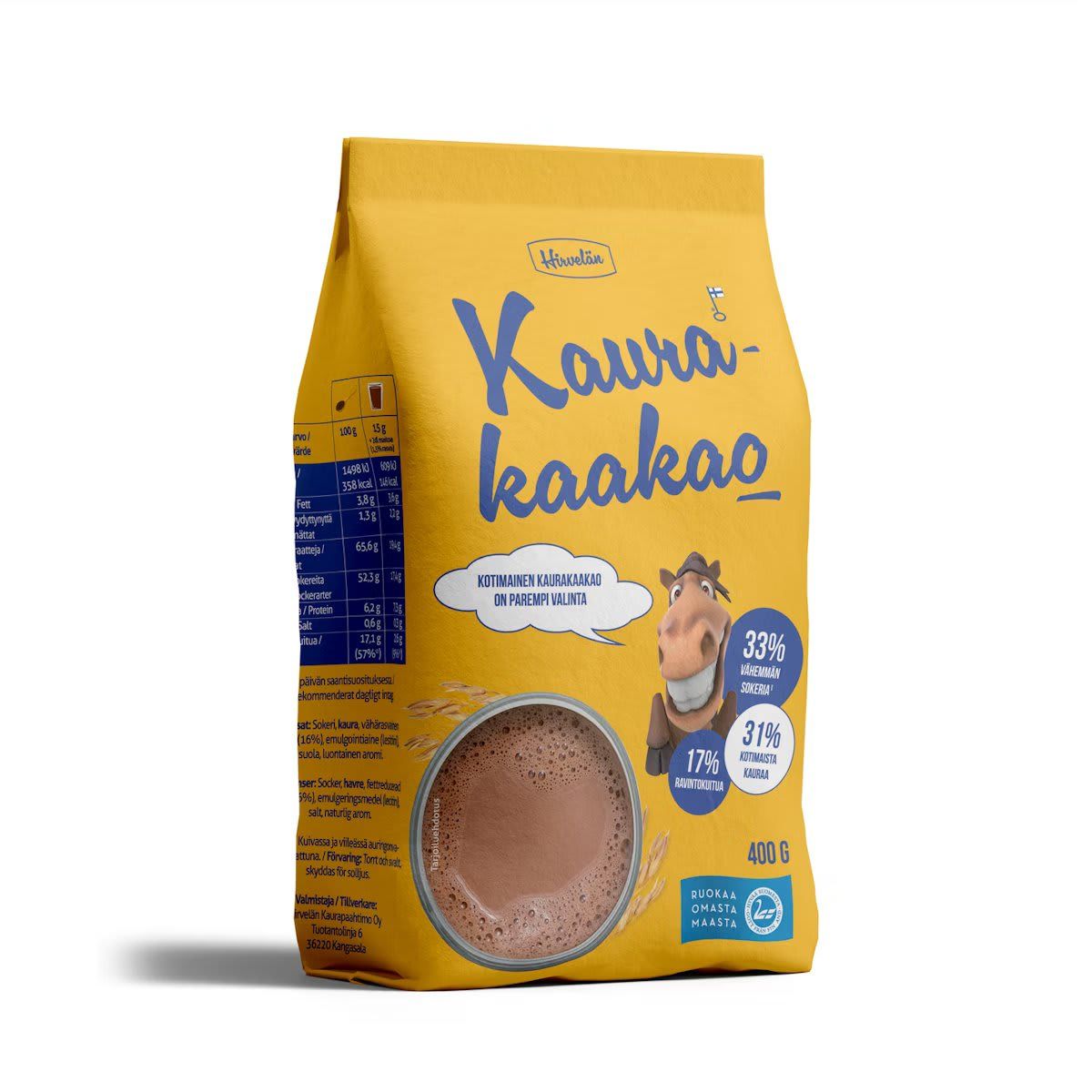 A 400g yellow bag of Hirvelän Oat Cocoa by Hirvelän features blue and white text, a cartoon hippo, and a chocolate drink image. This gluten-free, high-fiber Finnish oat cocoa drink mix lists nutritional highlights on the front.