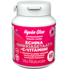 A white plastic bottle labeled in Finnish with pink accents, showing "Via Naturale Echinacea & Zinc Acetate & Vitamin C," features cranberry-vanilla flavor, a daisy flower graphic, and contains 60 tablets.