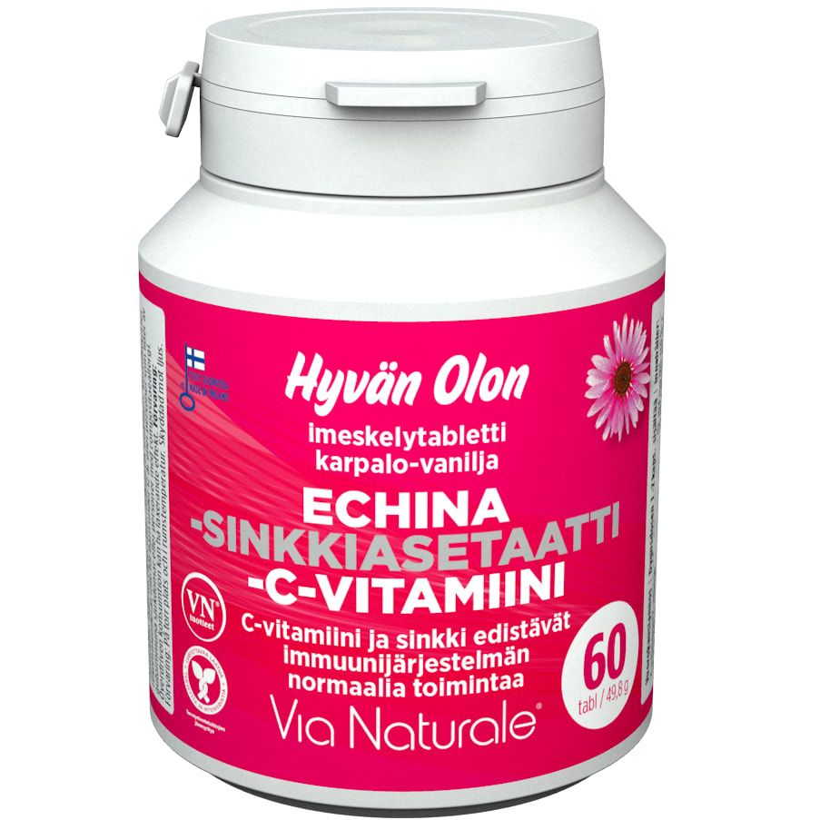 A white plastic bottle labeled in Finnish with pink accents, showing "Via Naturale Echinacea & Zinc Acetate & Vitamin C," features cranberry-vanilla flavor, a daisy flower graphic, and contains 60 tablets.