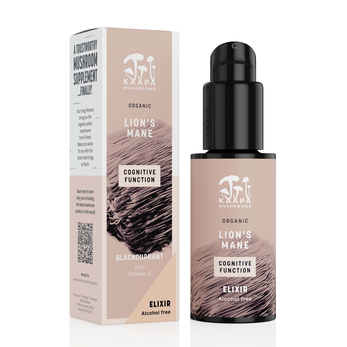 A bottle and box of KÄÄPÄ Mushrooms Organic Lions Mane Elixir for cognitive support. This alcohol-free, blackcurrant-flavored elixir comes in beige packaging with a mushroom graphic.