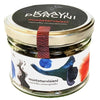 A glass jar with a black lid contains Kaavi Porcini Dried Black Trumpet mushrooms, featuring artistic colorful brushstroke label designs and showcasing Finnish flair.