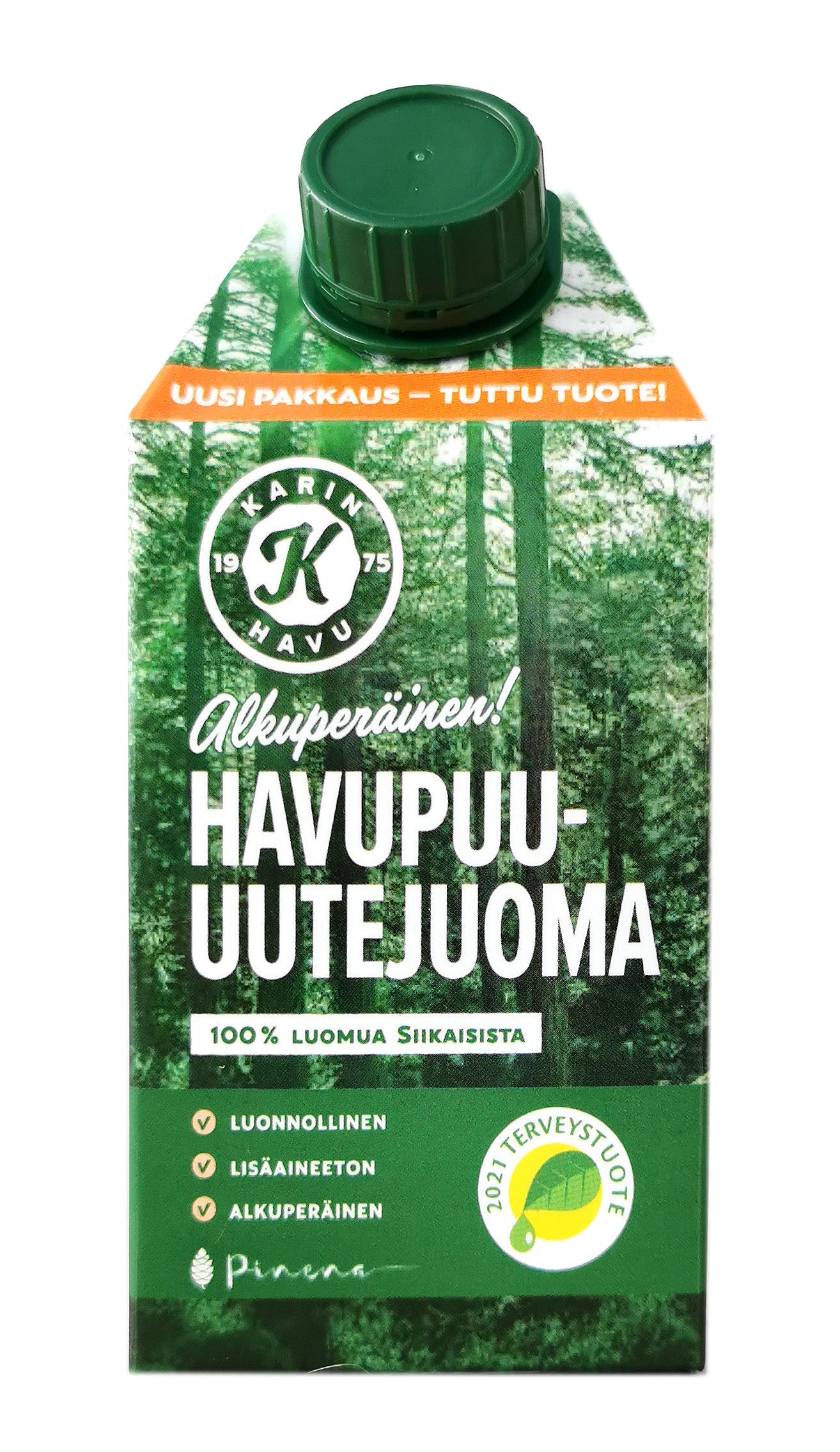 A 6-pack of Kari's Pine Extract Drink in green and white cartons with Finnish text, forest imagery, and green caps, promoting a natural, additive-free beverage rich in antioxidants.