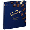 A blue box of Fazer Collection Pralines by Fazer, featuring assorted luxury chocolates with gold lettering, the brand logo, images of praline shapes, and a note on responsibly sourced cocoa.