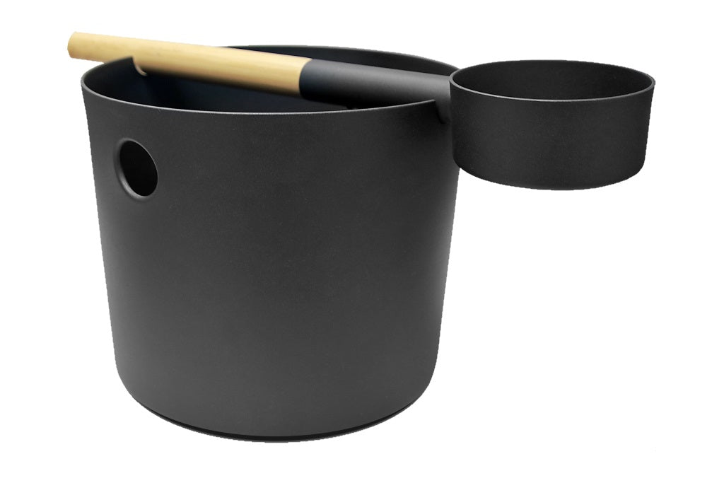 The Emendo Kolo Sauna Bucket & Ladle, featuring a sleek Nordic design, includes a large black bucket with a round hole near the rim and a matching black ladle with wooden handle, making it an essential sauna accessory.