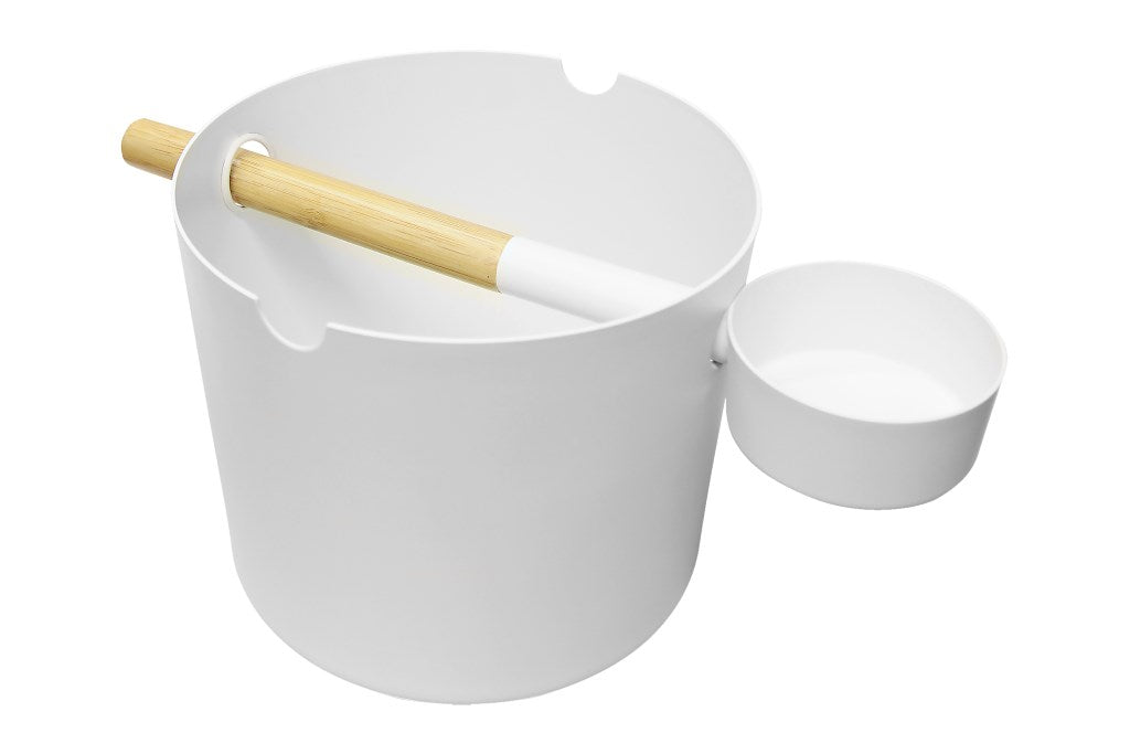 The Emendo Kolo Sauna Bucket & Ladle features a white bucket with a wooden-handled ladle and a matching bowl attached to the rim, showcasing Nordic design elegance in sauna accessories against a clean, white background.