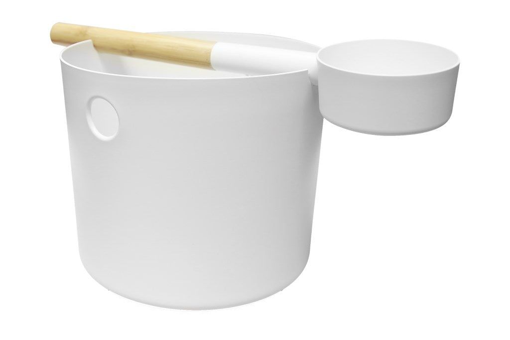 The Emendo Kolo Sauna Bucket & Ladle showcases elegant Nordic design with a modern white bucket, round handle hole, wooden-handled ladle resting on top, and an attached round side dish—all set against a white background.