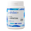 A white plastic supplement tub of puhdas+ Vahva L-Karnitiini with a blue and white label, set against a plain white background.