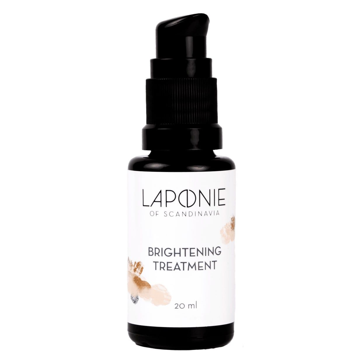 A dark pump bottle labeled Laponie of Scandinavia Brightening Treatment Serum by Laponie of Scandinavia features a minimal look with beige brushstroke accents—perfect for addressing uneven skin tone.