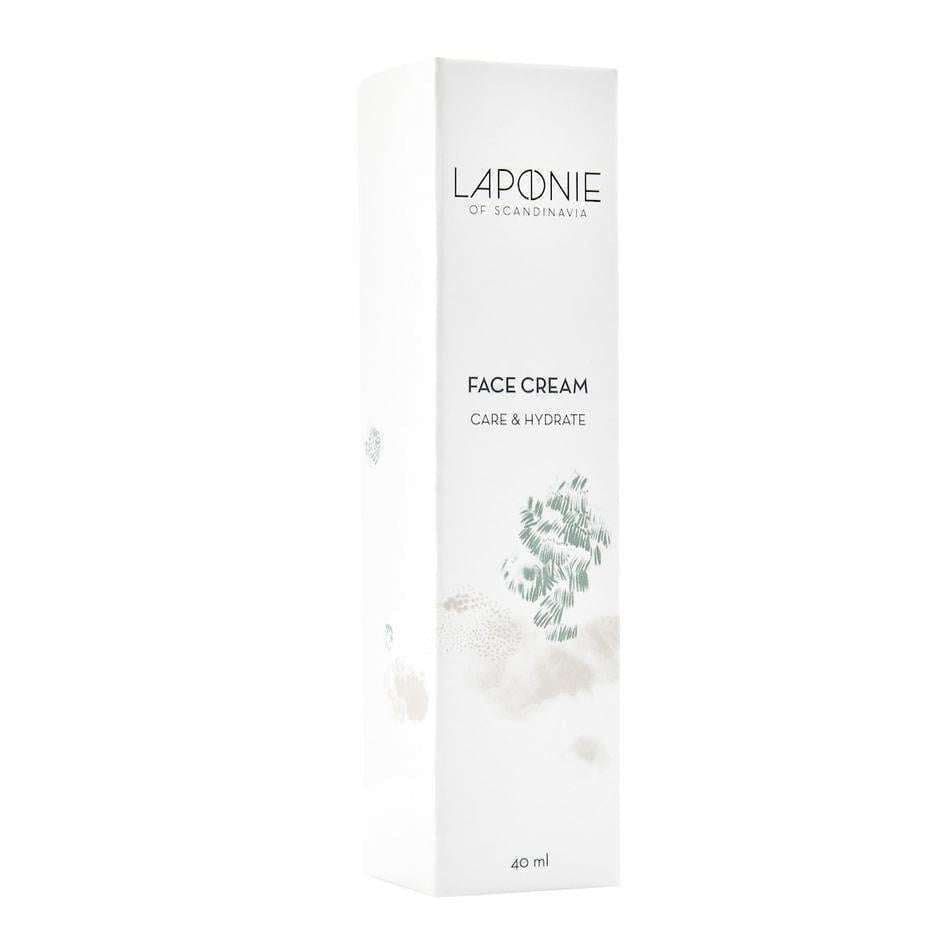 A white rectangular box of Laponie of Scandinavia Face Cream with a minimalist design, subtle green botanical illustrations, and “Care & Hydrate” text. This 40 ml cream suits sensitive skin and is made with natural ingredients.