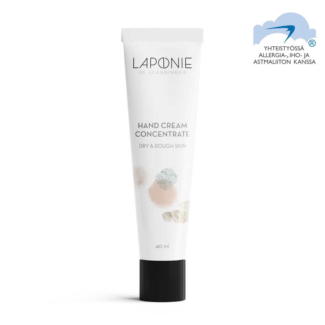 A white tube of Laponie of Scandinavia Hand Cream Concentrate (Best before 31.01.2026), 40 ml, for dry and rough skin stands upright. This vegan, fragrance-free cream displays a blue allergy label in the top right corner.