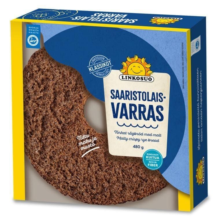 A package of Linkosuo Crispy Rye Bread by Linkosuo—round, dark, high-fibre vegan rye crisps with a center hole. The blue and yellow packaging features a sun logo and includes product details in Finnish and English.