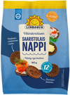 A blue and yellow pack of Linkosuo Malty Rye Button features Finnish wholegrain rye bread snacks topped with salmon, herbs, and butter. The packaging shows product details and the Linkosuo brand’s smiling sun logo.