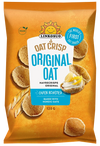 Linkosuo Original Oat Crisps by Linkosuo are round, oven-roasted vegan snacks made from Finnish oats. The packaging features oat stalks and crisps topped with cheese and herbs, highlighting them as a healthy snack choice.