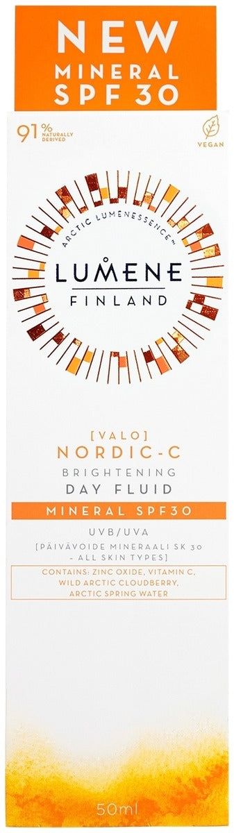 The image shows a 50ml box of Lumene Nordic-C Brightening Day Fluid Mineral SPF30. The white packaging with orange and gold accents displays vegan and Arctic spring water logos.