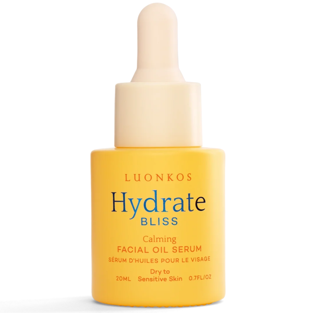 A 20ml yellow bottle of Luonkos Bliss Facial Oil Serum features a dropper cap, is fragrance-free, and is suited for dry to sensitive skin.