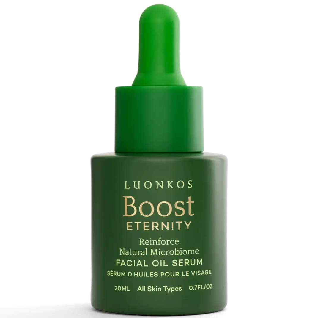 A green 20ml bottle of Luonkos Eternity Facial Oil Serum with Finnish forest microbe extract, a dropper cap, dual English/French text, and labeled for all skin types to support your skin barrier.