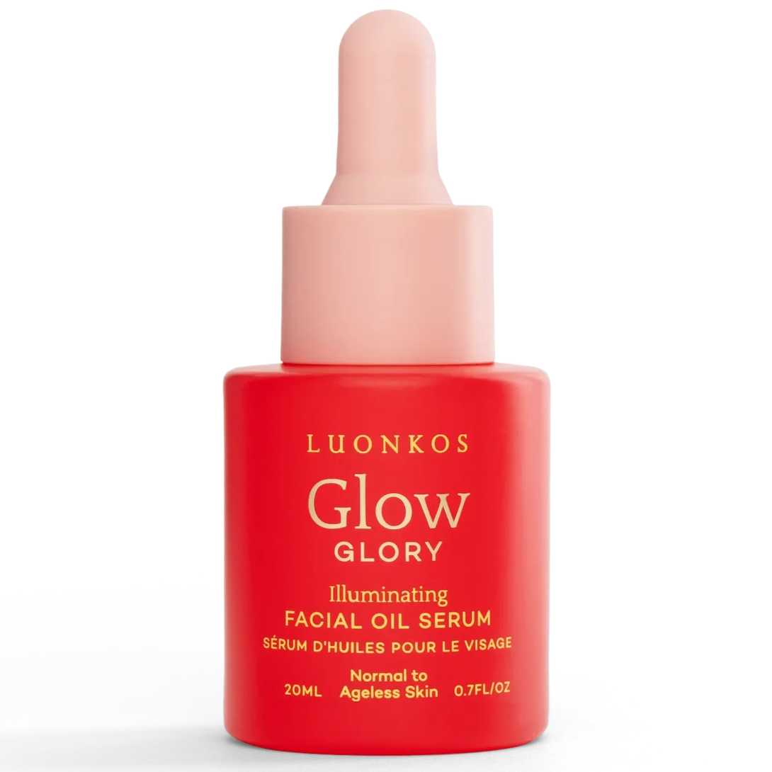 A red bottle with a pink dropper cap labeled Luonkos Glory Facial Oil Serum offers deep hydration for normal to ageless skin, 20 ml (0.7 fl oz), with gold text on the front.