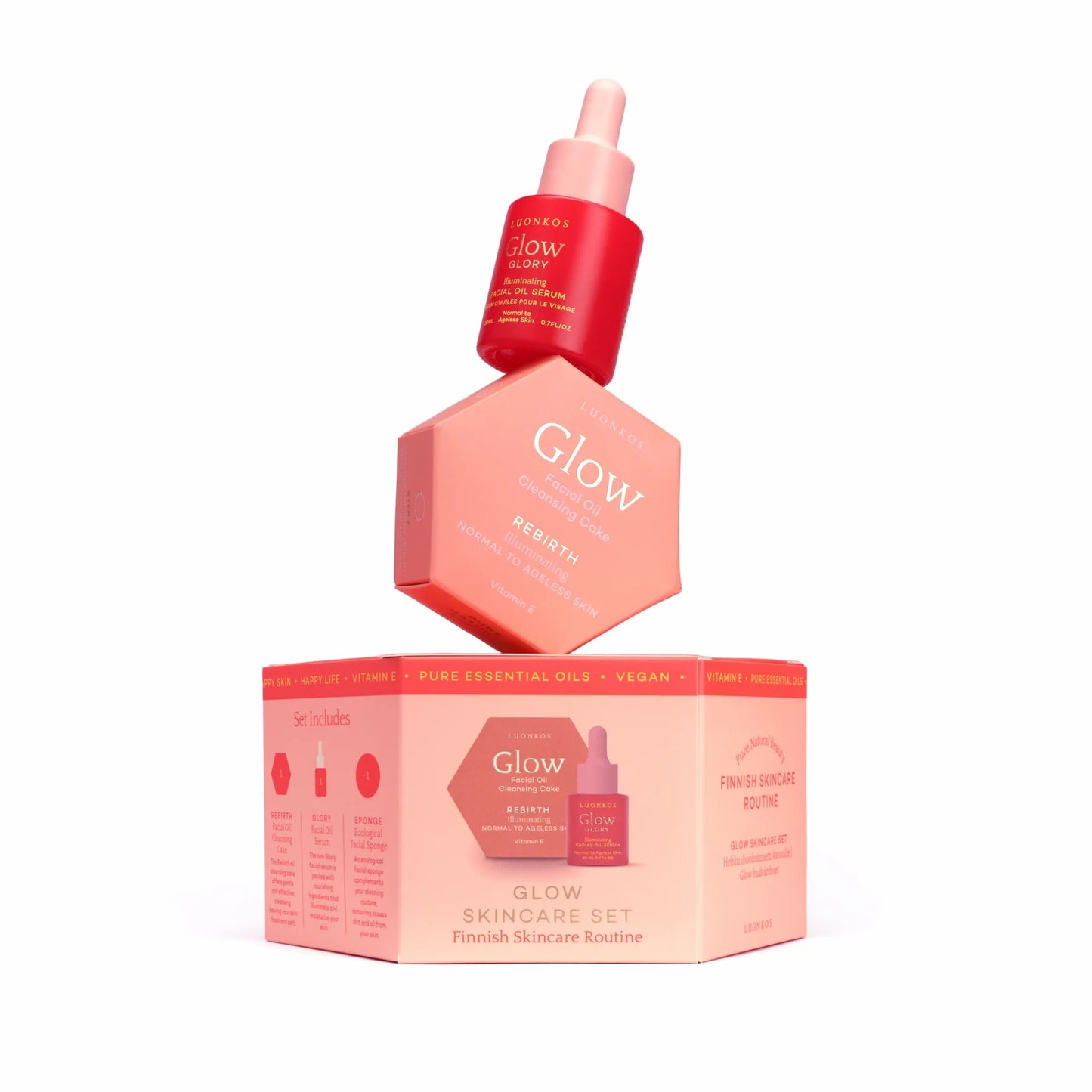 A pink vegan skincare set by Luonkos, featuring a serum bottle and hexagonal jar from the Luonkos Glow & Shine Skincare Set, displayed on a round box inspired by Finnish natural cosmetic rituals.