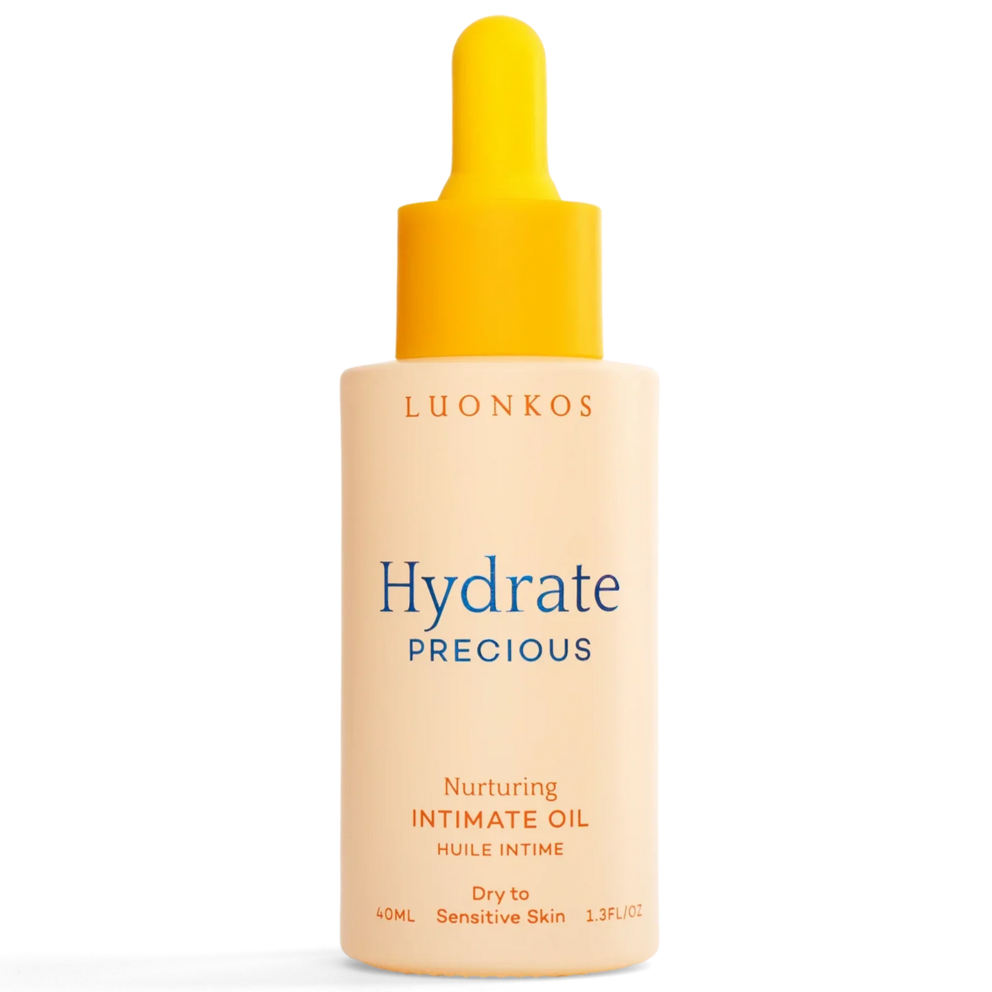 A 40ml beige bottle of Luonkos Precious Intimate Oil, designed for dry to sensitive skin and mucous membranes, features a yellow dropper cap and stands upright against a white background.
