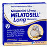 Blue and white box of Hankintatukku Melatosell Long 1,9 mg, a long-acting sleep aid with 60 melatonin tablets. Features a sleeping owl, pillow, moon and stars; text in Finnish and Swedish. Ideal for restful nights or jet lag relief.
