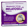 A box of Hankintatukku Melatosell Melatonin 1,9 mg with Finnish and Swedish text, purple design, and an owl on a pillow. Contains 60 vegan tablets—perfect sleep aid or for jet lag relief.