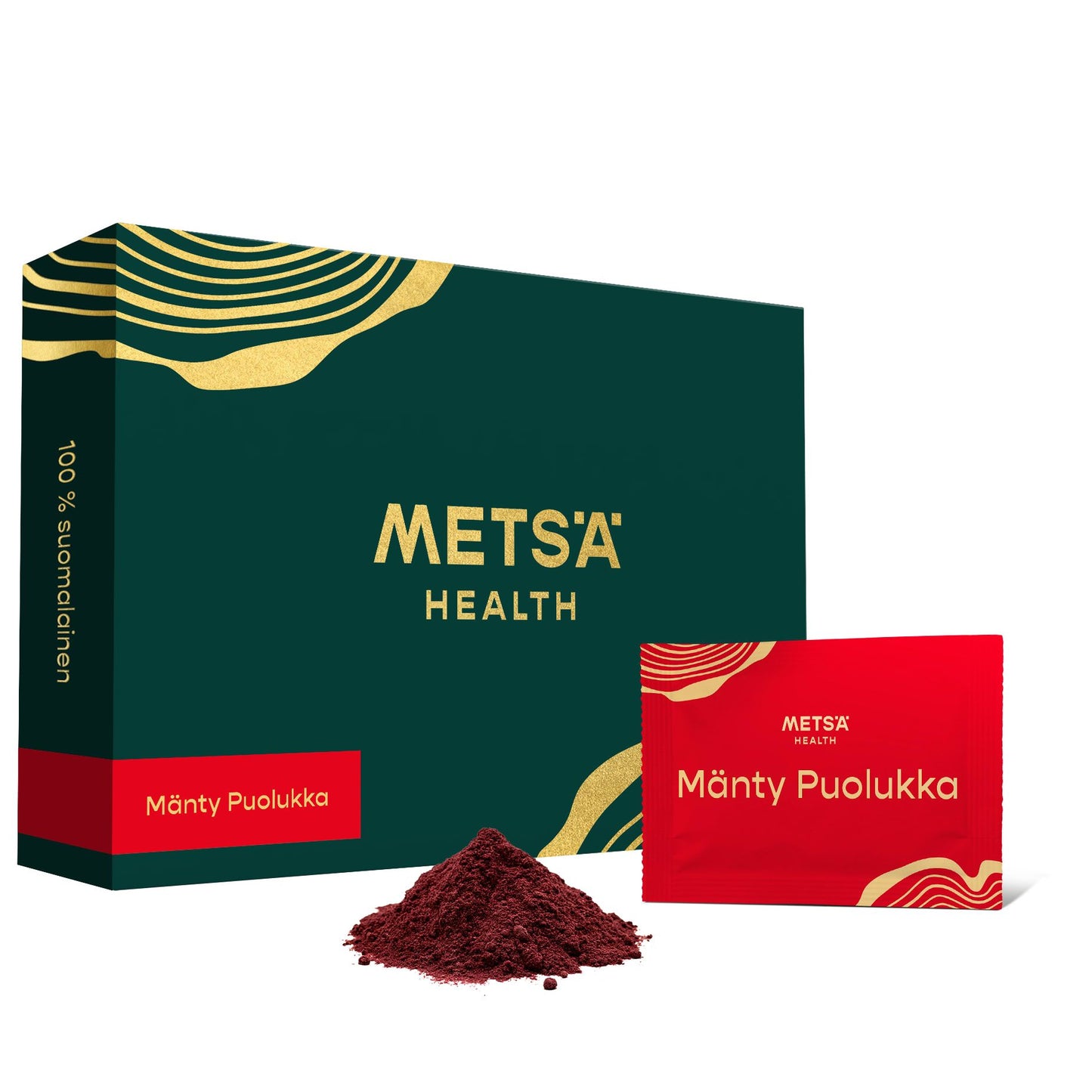 Una confezione verde e oro di Metsä Health e una bustina rossa di Metsä Health Pine Lingonberry sono raffigurate con una polvere rossastra, che evidenzia gli integratori naturali con estratto di mirtillo rosso, su uno sfondo bianco.